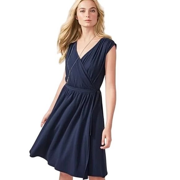 Garnet Hill Faux Wrap Cap Sleeve Navy Blue Cap Sleeveless Casual Tie Side Medium - Picture 1 of 9